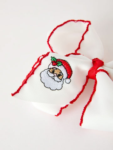 Girls' Christmas Santa Embroidered 6.25" Hair Bow – White/Pink -