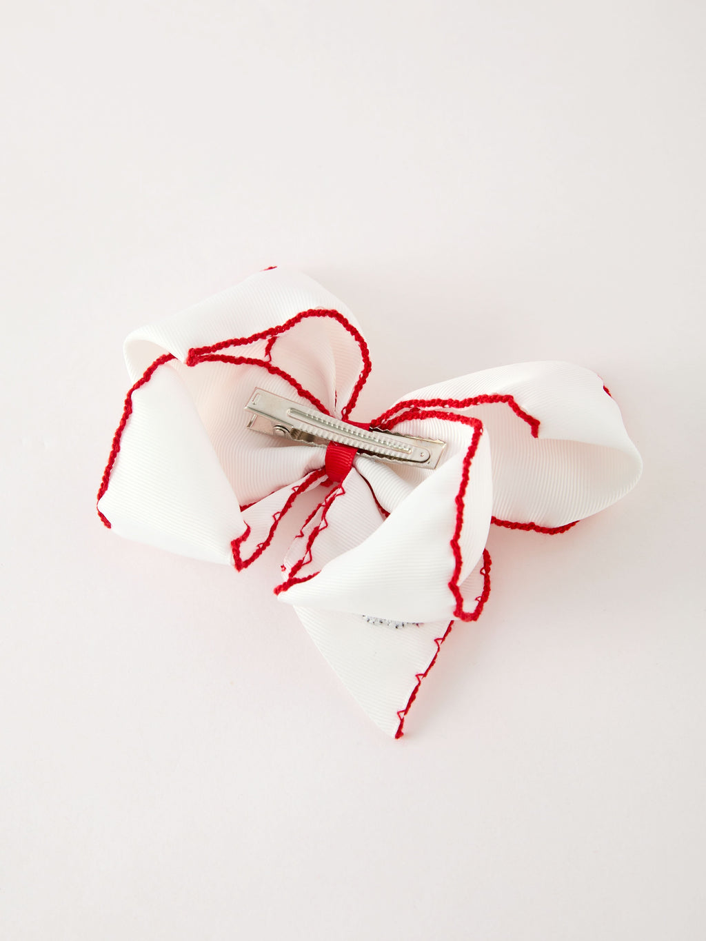 Girls' Christmas Santa Embroidered 6.25" Hair Bow – White/Pink -