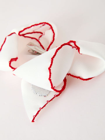 Girls' Christmas Santa Embroidered 6.25" Hair Bow – White/Pink -