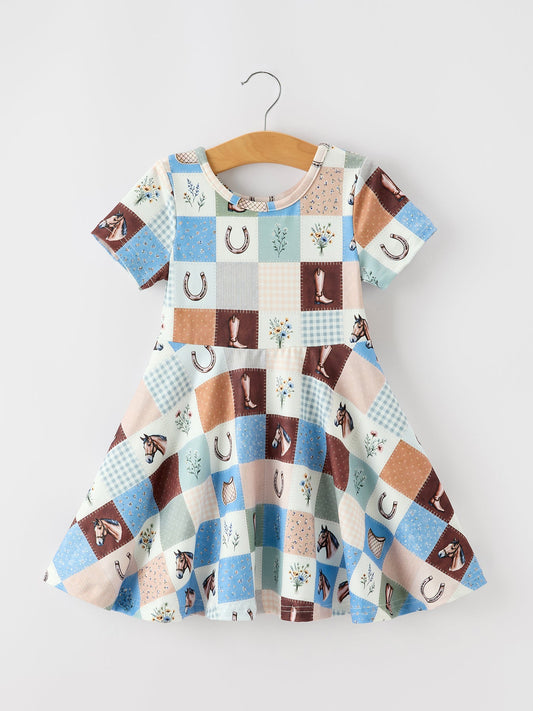 Western Horse Patchwork Print Girls Short Sleeve Twirl Dress -