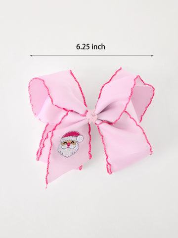 Girls' Christmas Santa Embroidered 6.25" Hair Bow – White/Pink - Pink