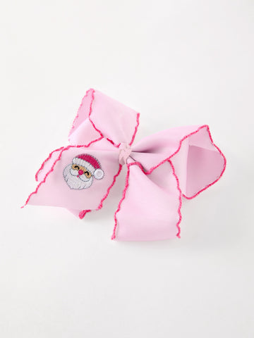 Girls' Christmas Santa Embroidered 6.25" Hair Bow – White/Pink -