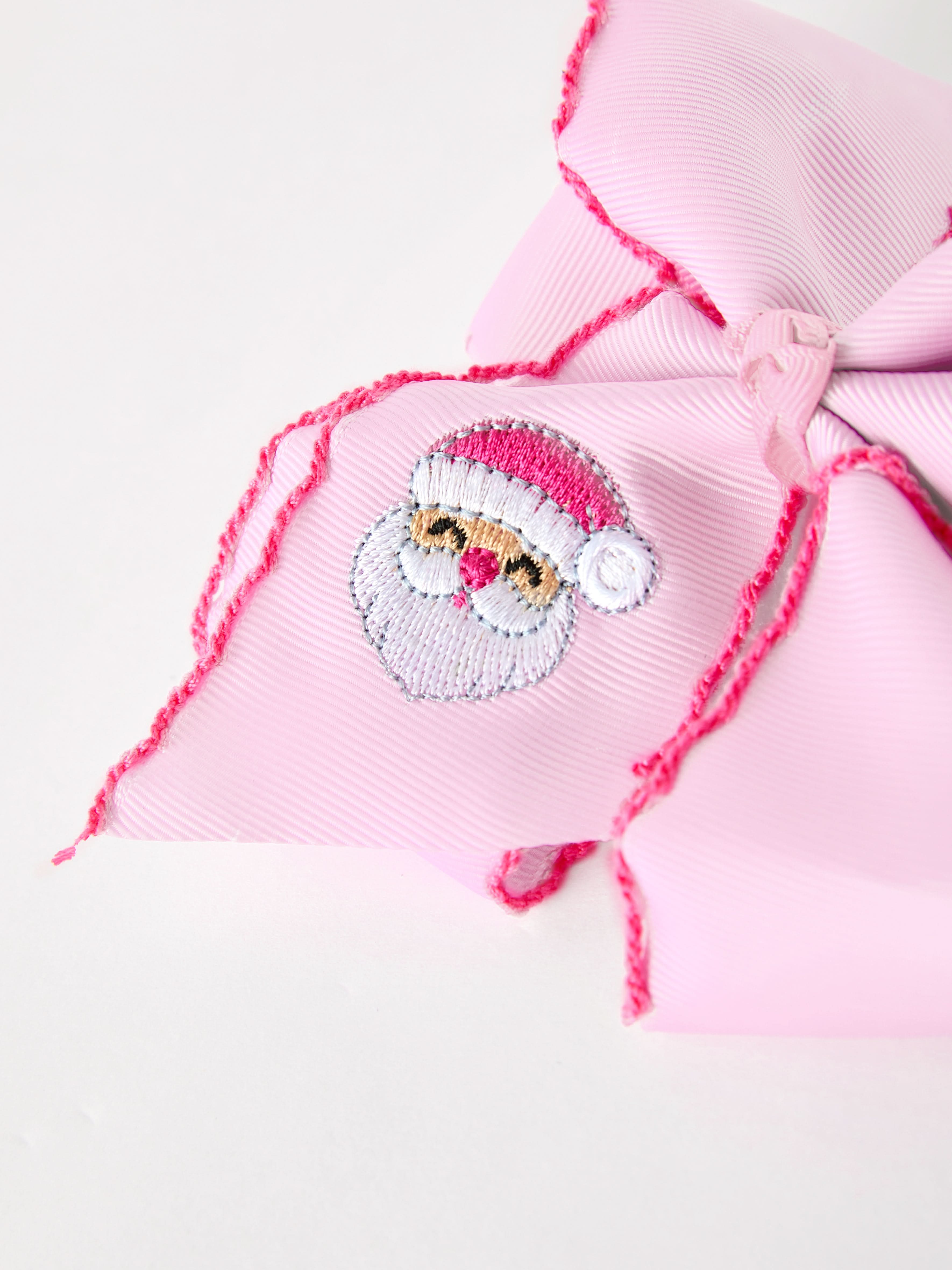Girls' Christmas Santa Embroidered 6.25" Hair Bow – White/Pink -