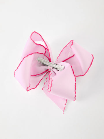 Girls' Christmas Santa Embroidered 6.25" Hair Bow – White/Pink -