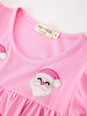 Christmas Santa Embroidery Girls Dress Ruffle Sleeve -