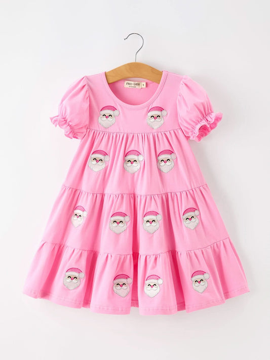 Christmas Santa Embroidery Girls Dress Ruffle Sleeve -