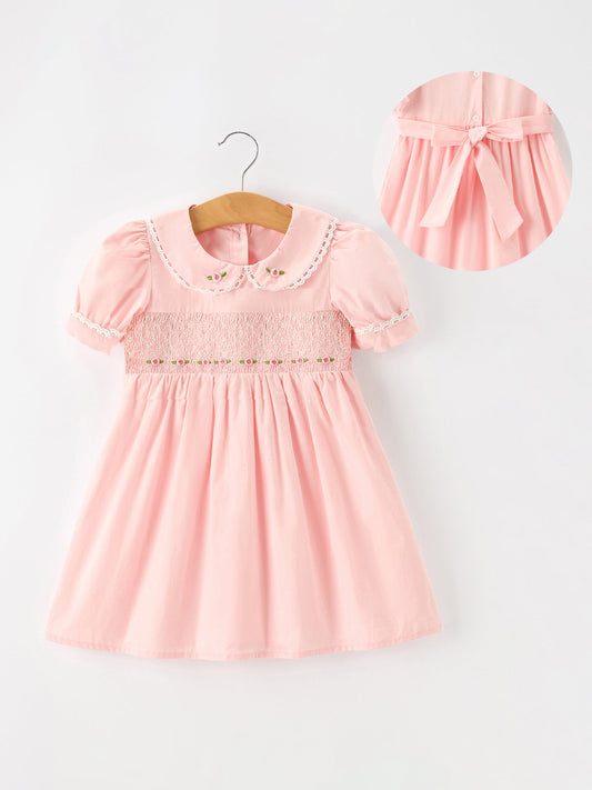 Fall Girls Pink Floral Embroidered Smocked Peter Pan Collar Dress -