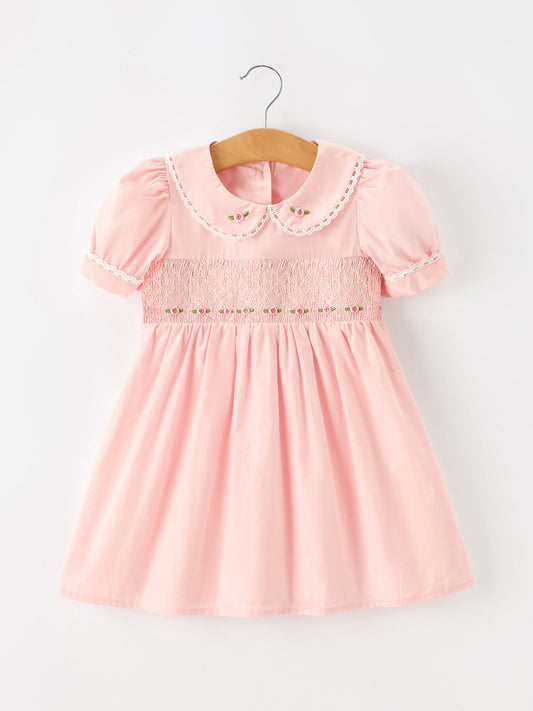 Fall Girls Pink Floral Embroidered Smocked Peter Pan Collar Dress -