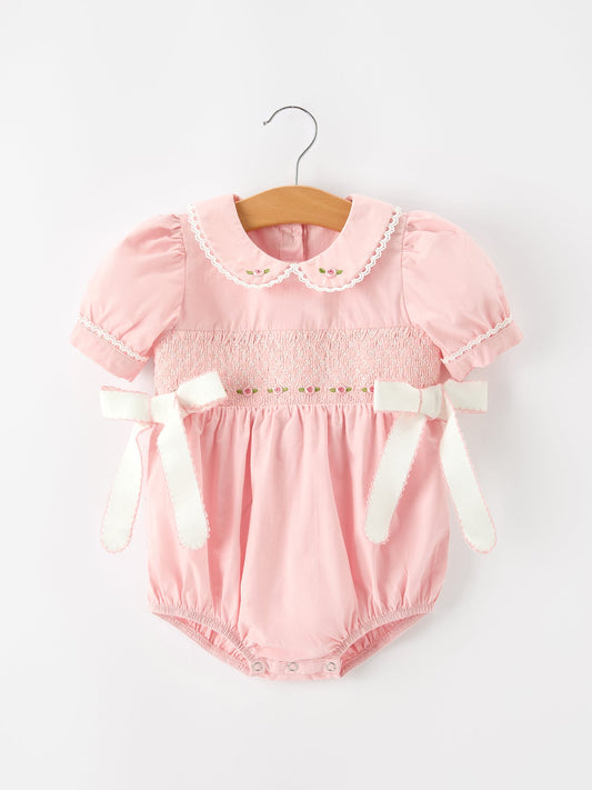 Fall Baby Girls Pink Floral Embroidered Smocked Bow Bubble Romper -
