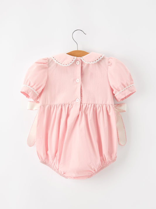 Fall Baby Girls Pink Floral Embroidered Smocked Bow Bubble Romper -