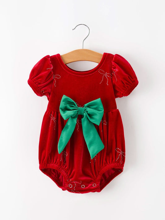 Baby Girls Christmas Red Velvet Rhinestone Bow Bubble Romper -