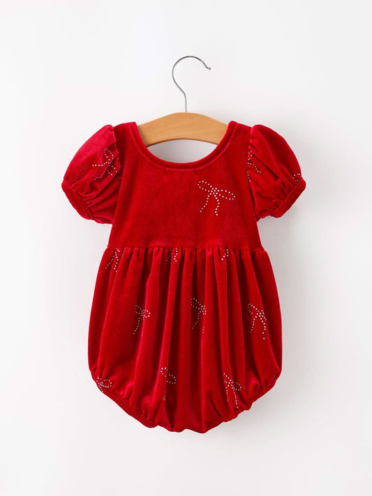 Baby Girls Christmas Red Velvet Rhinestone Bow Bubble Romper -