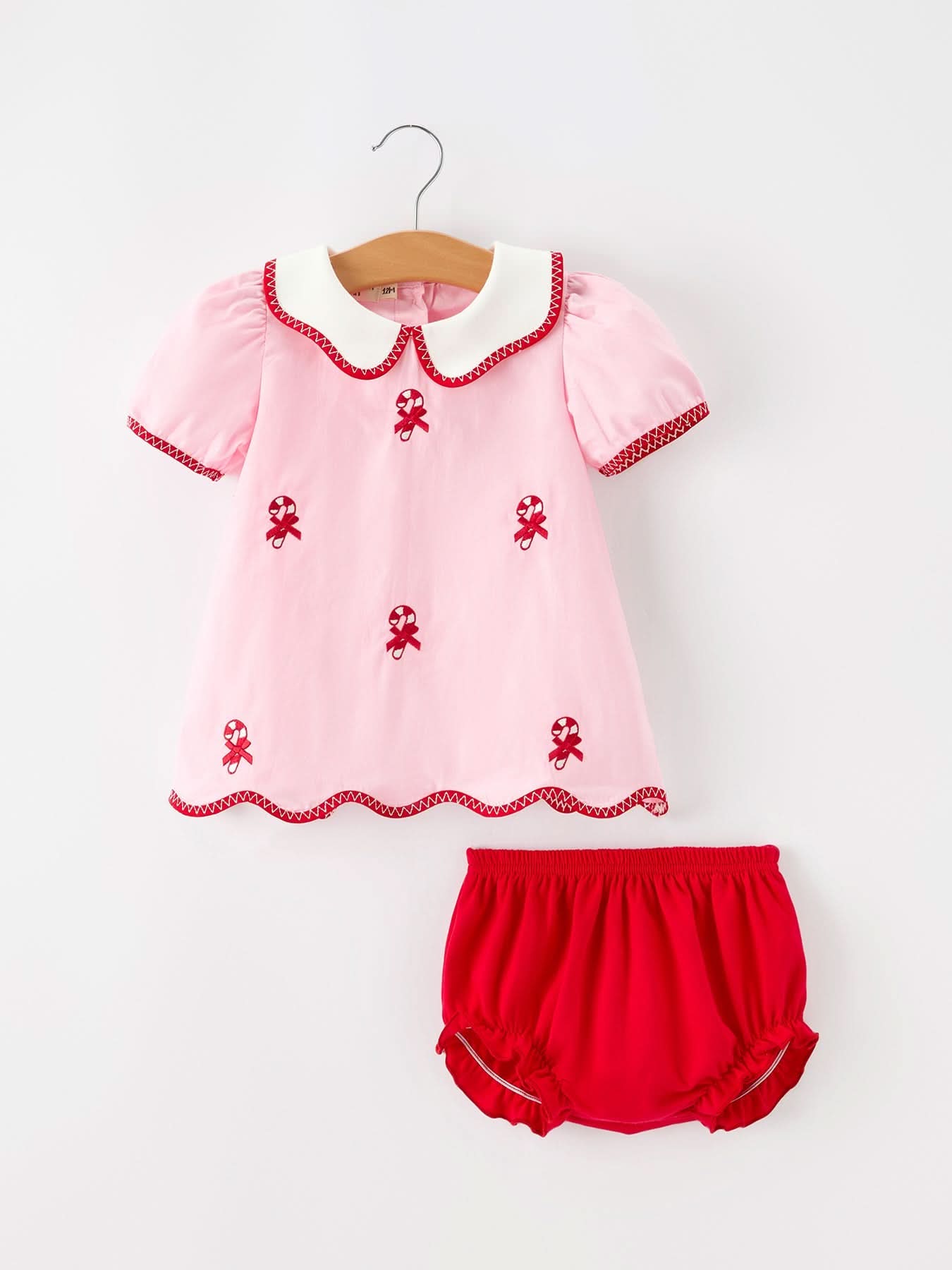 Christmas Girls Candy Cane Embroidered Top & Red Bloomer Set -