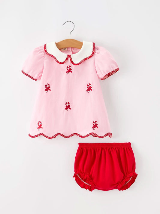 Christmas Girls Candy Cane Embroidered Top & Red Bloomer Set -
