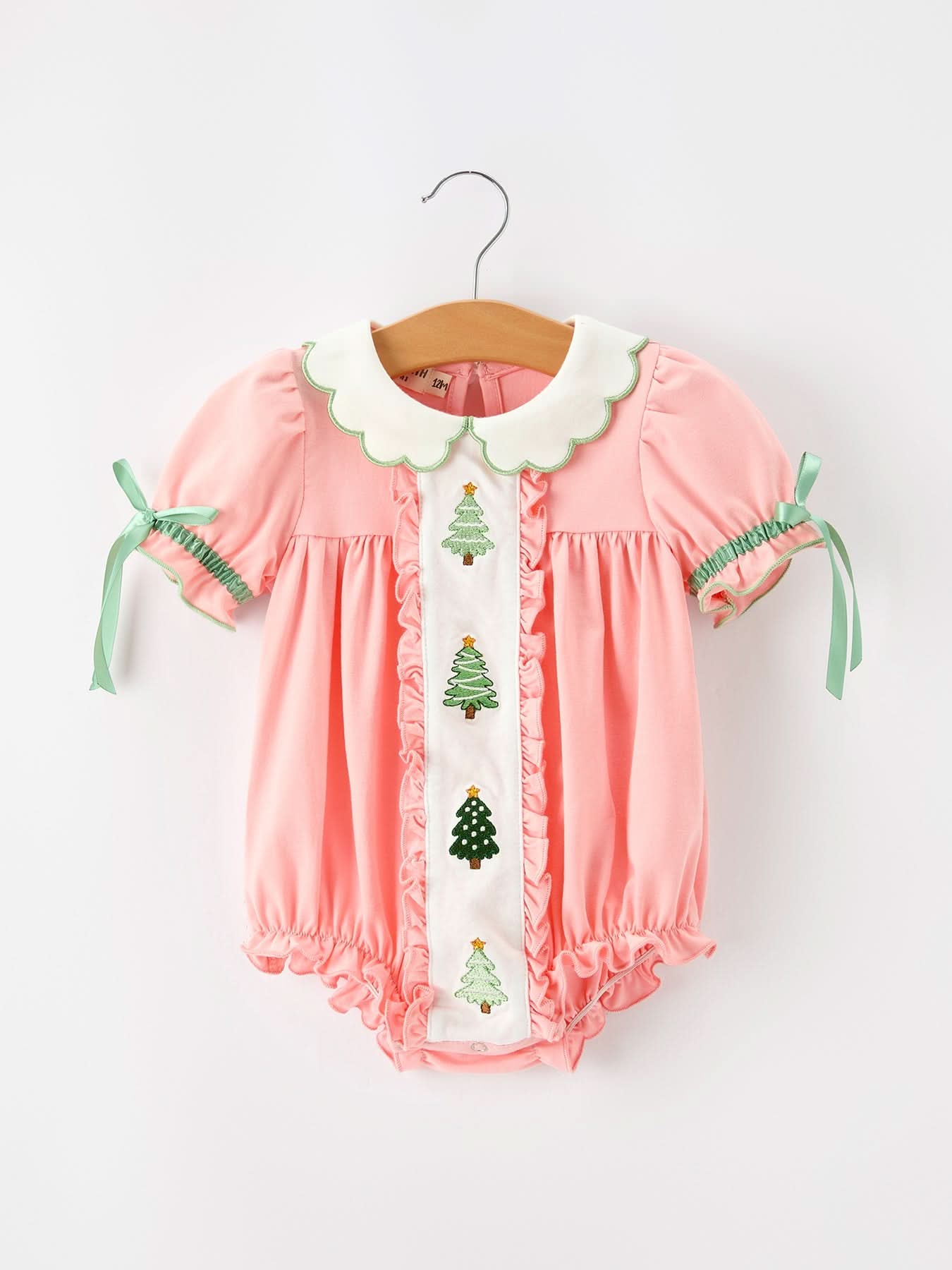 Christmas Baby Girls Pink Christmas Tree Embroidered Ruffle Romper -