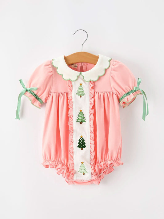 Christmas Baby Girls Pink Christmas Tree Embroidered Ruffle Romper -