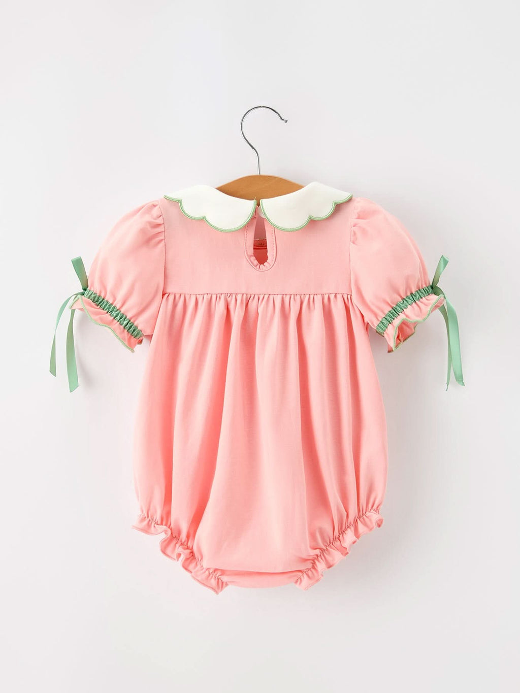 Christmas Baby Girls Pink Christmas Tree Embroidered Ruffle Romper -