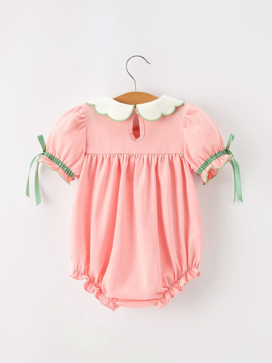 Christmas Baby Girls Pink Christmas Tree Embroidered Ruffle Romper -
