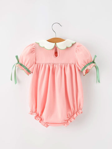 Christmas Baby Girls Pink Christmas Tree Embroidered Ruffle Romper -