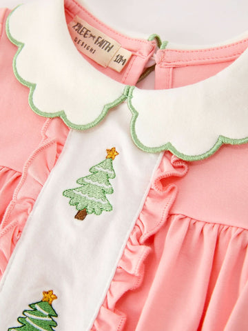Christmas Baby Girls Pink Christmas Tree Embroidered Ruffle Romper -