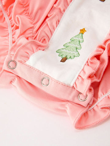 Christmas Baby Girls Pink Christmas Tree Embroidered Ruffle Romper -