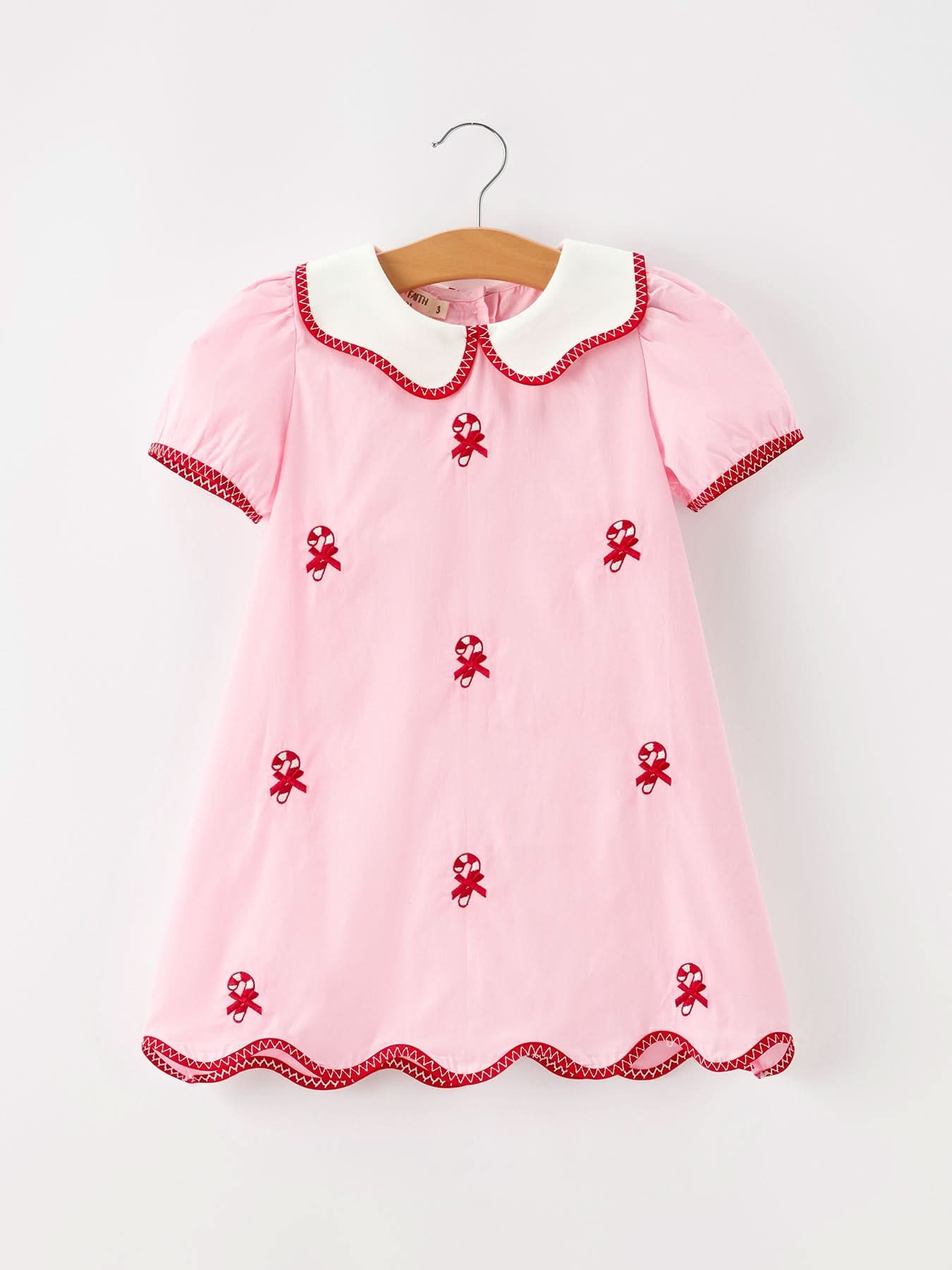 Christmas Girls Pink Candy Cane Embroidered Peter Pan Collar Dress -