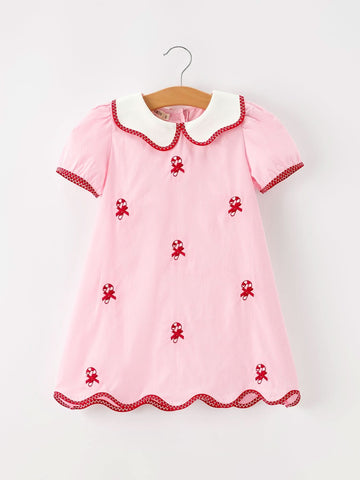 Christmas Girls Pink Candy Cane Embroidered Peter Pan Collar Dress -