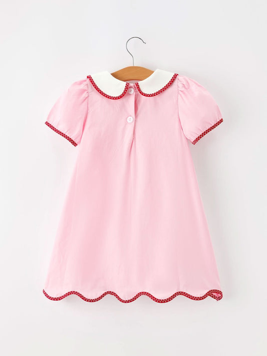 Christmas Girls Pink Candy Cane Embroidered Peter Pan Collar Dress -