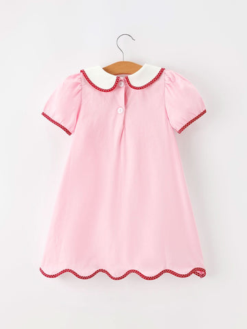 Christmas Girls Pink Candy Cane Embroidered Peter Pan Collar Dress -