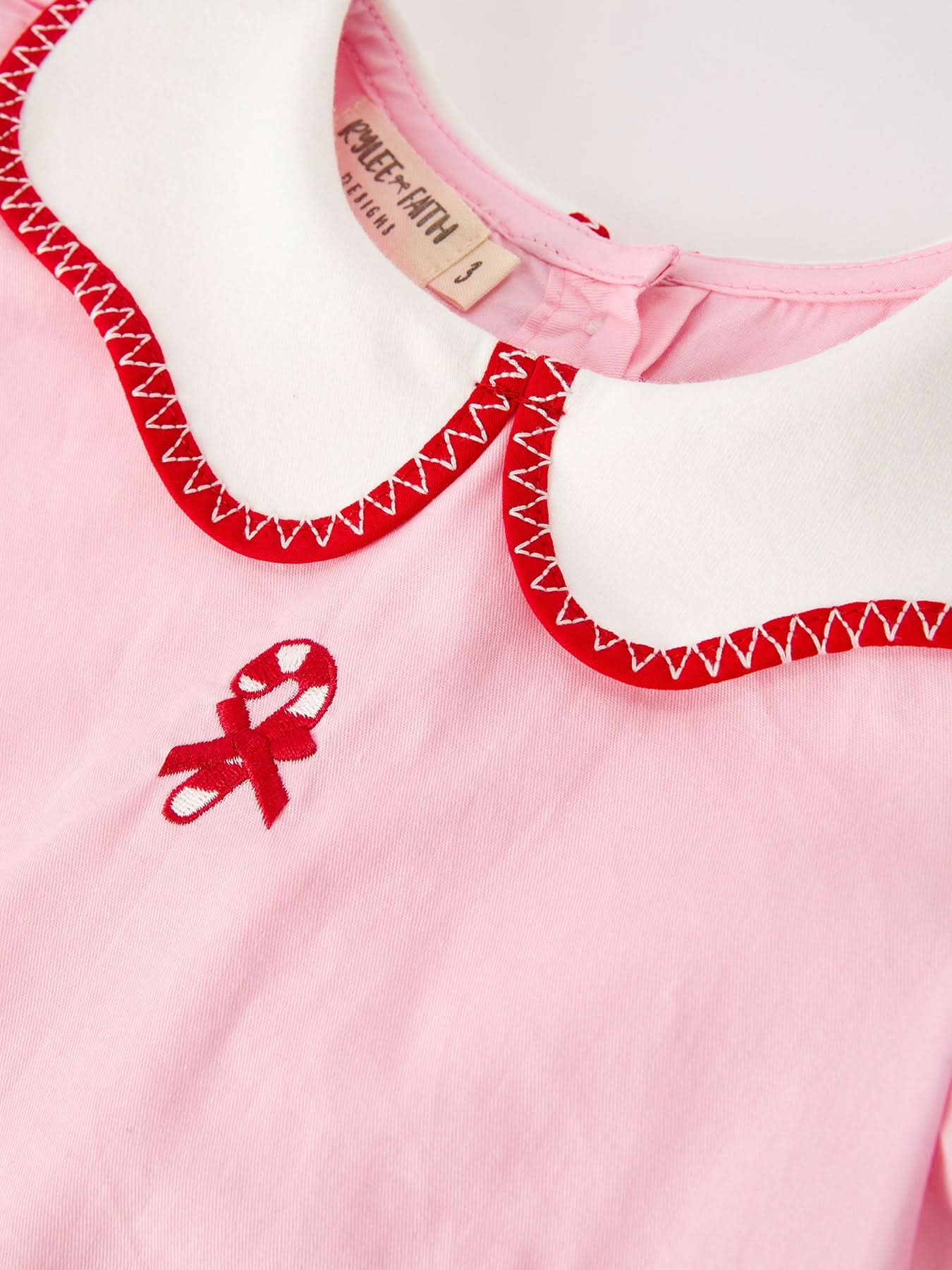 Christmas Girls Pink Candy Cane Embroidered Peter Pan Collar Dress -