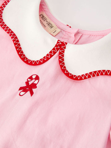 Christmas Girls Pink Candy Cane Embroidered Peter Pan Collar Dress -