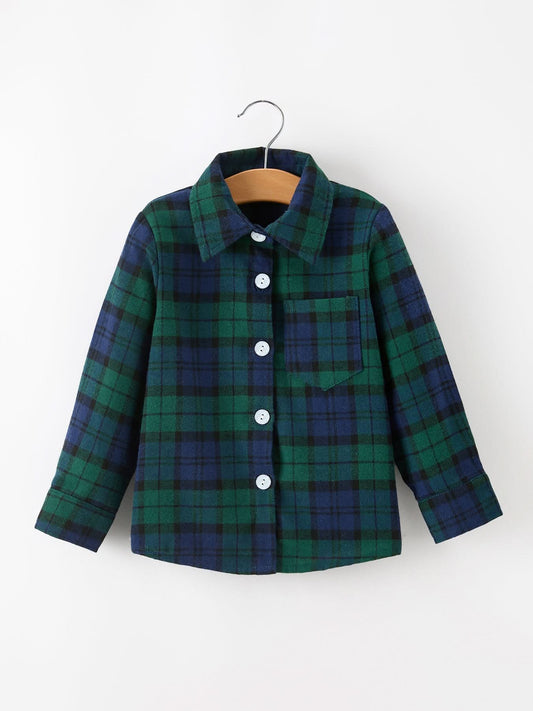 Christmas Boys Green & Navy Plaid Button Down Shirt -