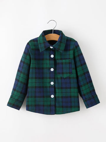 Christmas Boys Green & Navy Plaid Button Down Shirt -