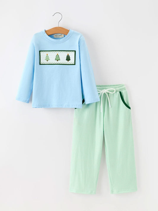 Christmas Boys Christmas Tree Embroidered Long Sleeve Top & Pants Set -