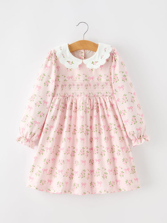 FALL Girls Pink Floral Embroidered Collar Smocked Dress -