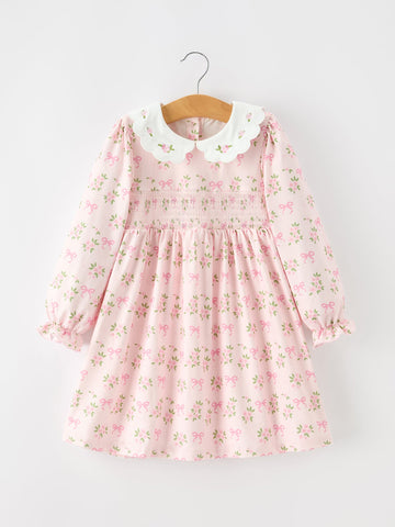 FALL Girls Pink Floral Embroidered Collar Smocked Dress