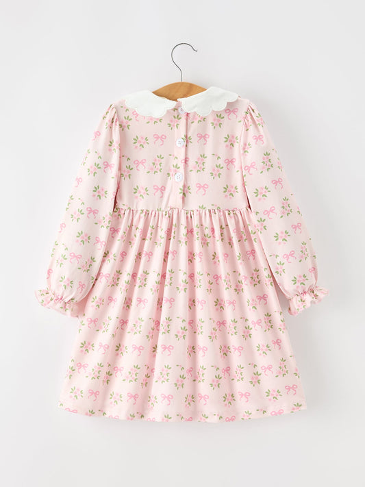 FALL Girls Pink Floral Embroidered Collar Smocked Dress -