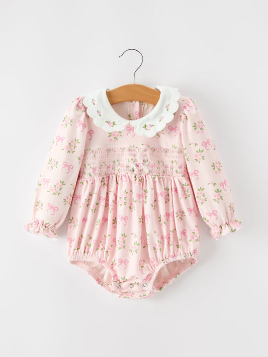 FALL Baby Girls Pink Floral Embroidered Collar Smocked Romper -