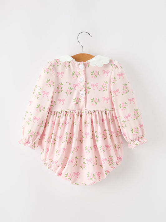 FALL Baby Girls Pink Floral Embroidered Collar Smocked Romper -