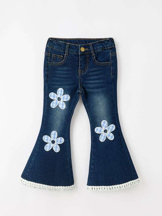 FALL Girls Floral Appliqué Denim Bell Bottom Jeans -