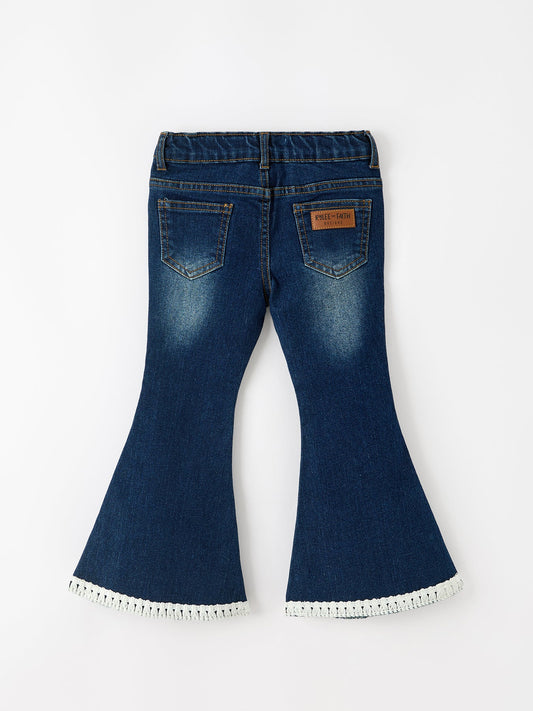 FALL Girls Floral Appliqué Denim Bell Bottom Jeans -