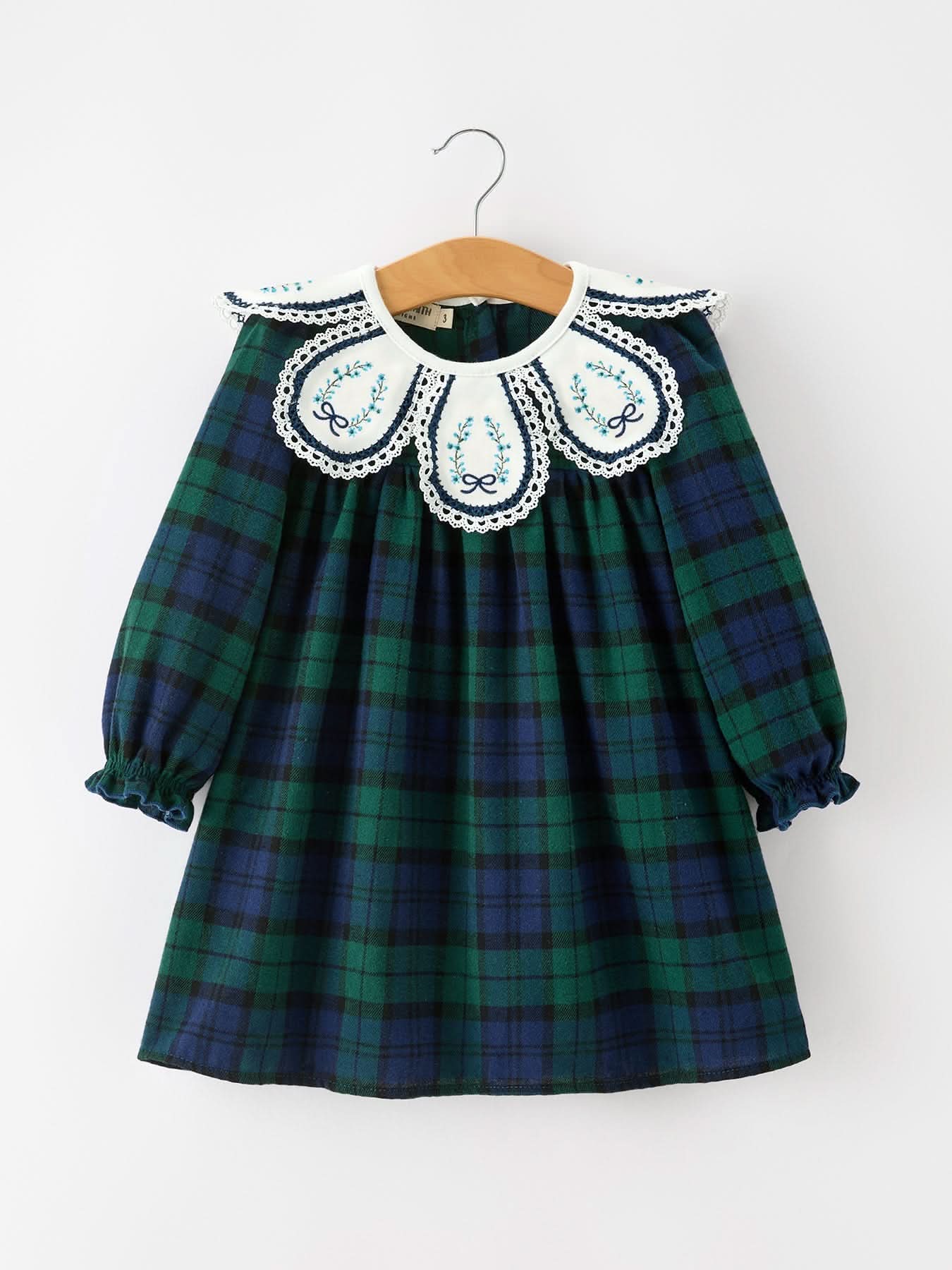 Christmas Girls Green & Navy Plaid Embroidered Collar Dress -