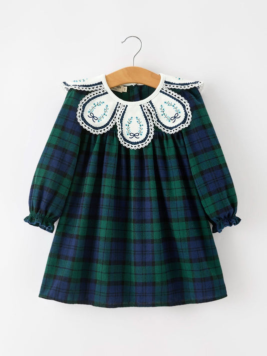 Christmas Girls Green & Navy Plaid Embroidered Collar Dress -
