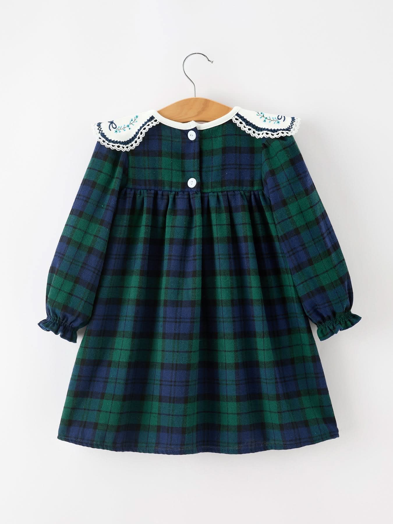 Christmas Girls Green & Navy Plaid Embroidered Collar Dress -