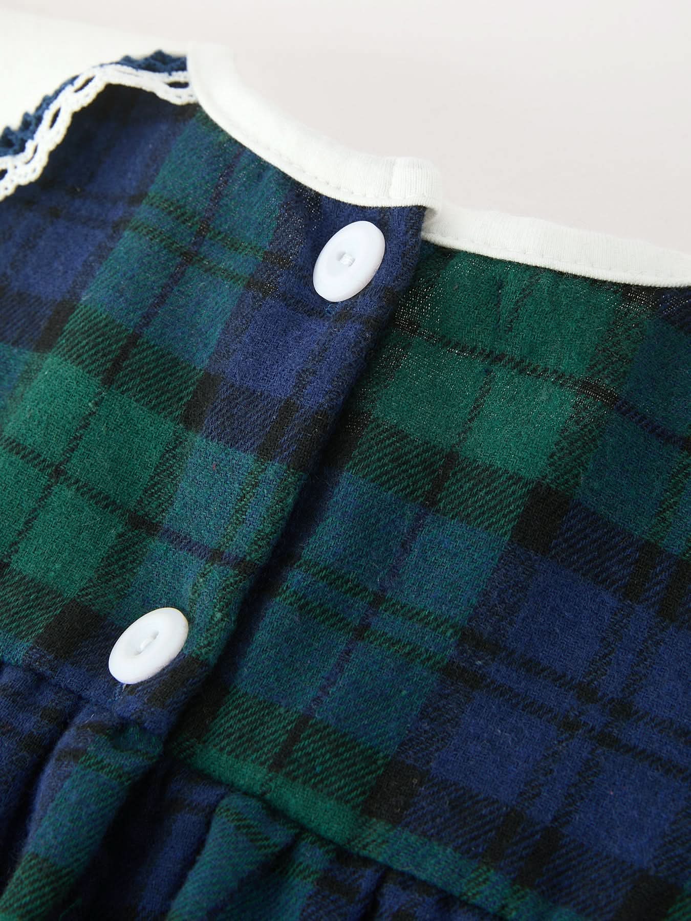 Christmas Girls Green & Navy Plaid Embroidered Collar Dress -