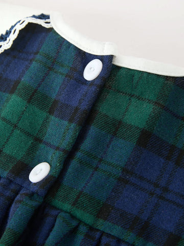 Christmas Girls Green & Navy Plaid Embroidered Collar Dress -