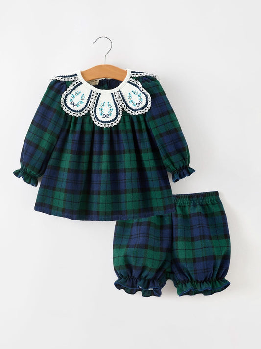 Christmas Girls Green & Navy Plaid Embroidered Bloomer Set -