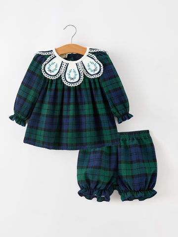 Christmas Girls Green & Navy Plaid Embroidered Bloomer Set -