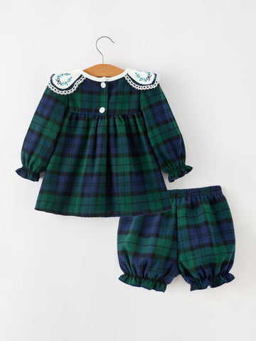 Christmas Girls Green & Navy Plaid Embroidered Bloomer Set -