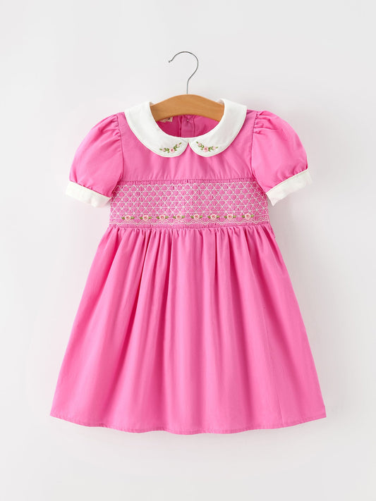 FALL Girls Hot Pink Floral Embroidered Smocked Dress -